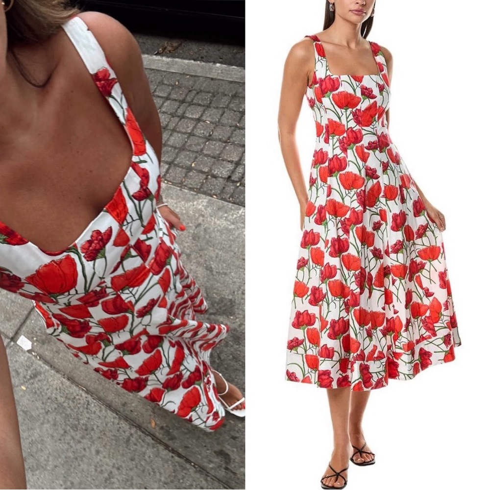 NWT MILLY Nia Peony A-Line Midi Dress size 10 red and white